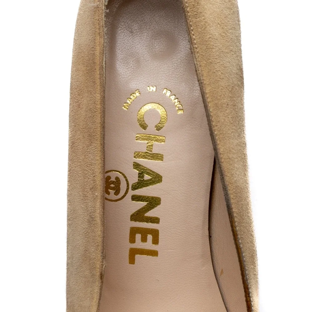 Vintage Chanel Beige Brown Quilted Cap Toe Suede Block‎ Heel PUMPS Size EU36/US6